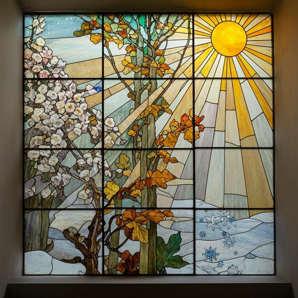 Art by Édouard Manet, four stained glass panels, depicting different seasons, spring flowers, summer sun rays, autumn le...