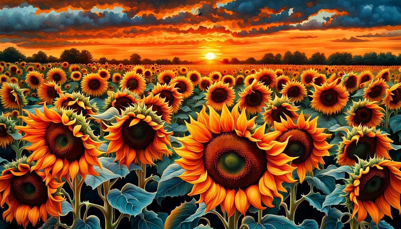 Hyperrealistic Field of Orange Sunflowers in Oil Gouache