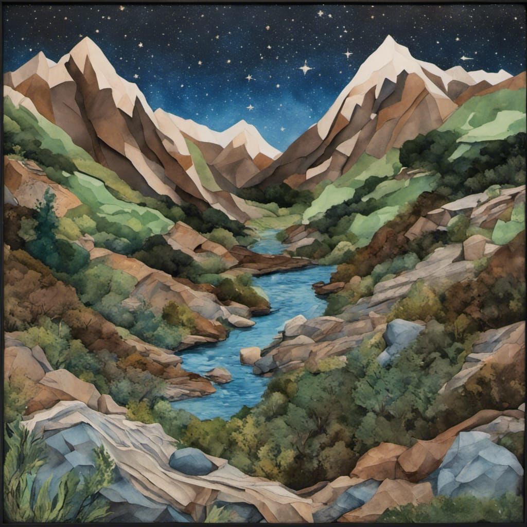 Mountain Valley Landscape in 3D Paper Collage