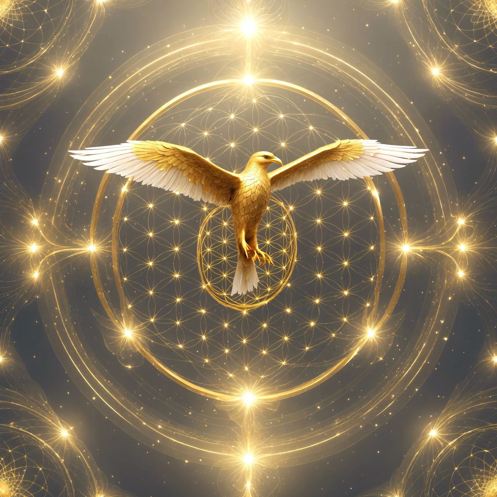 Golden Phoenix Behind Flower of Life Symbol