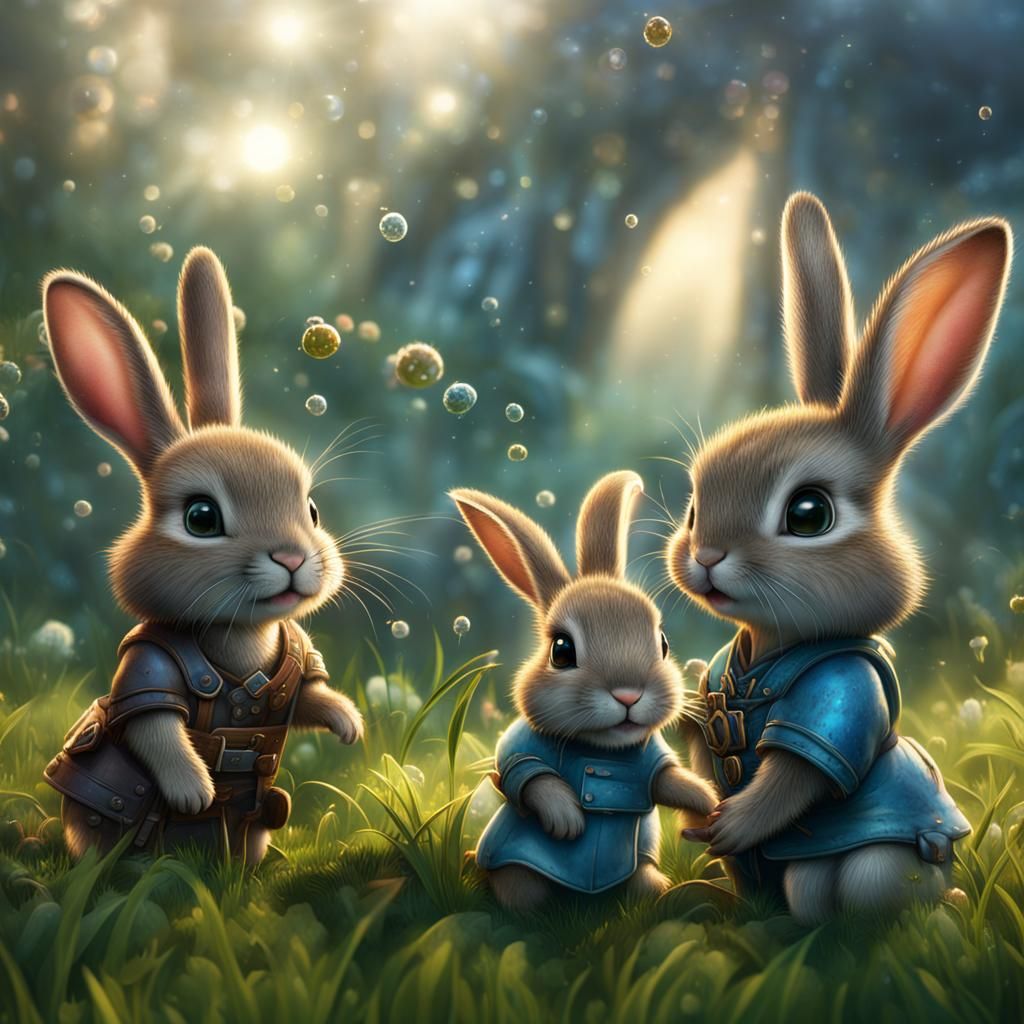 Baby Rabbits Drinking Dew: Detailed Digital Matte Painting