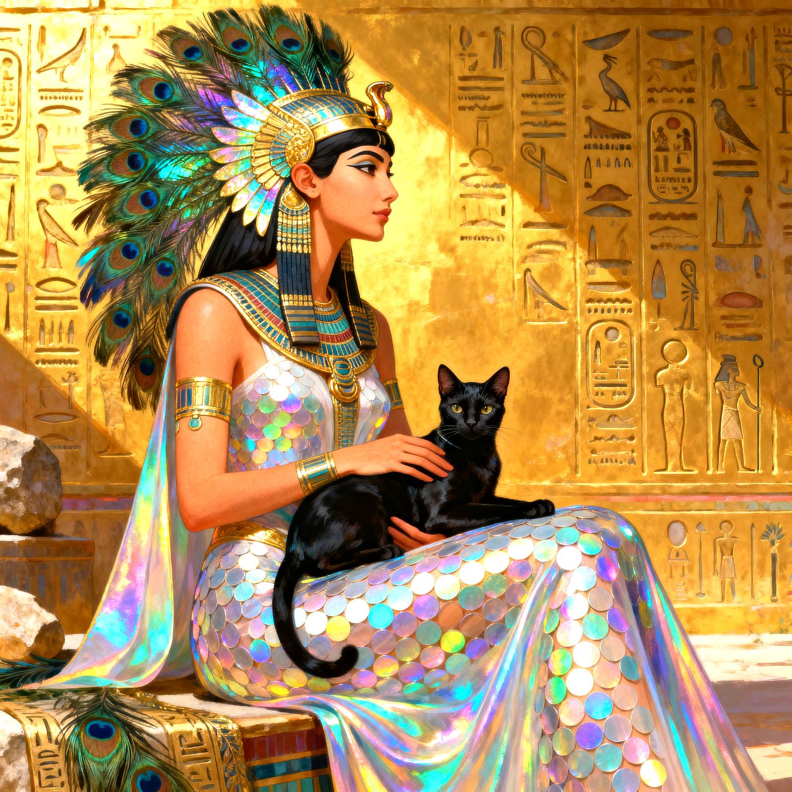 Egyptian Queen in Holographic Gown with Peacock Headdress
