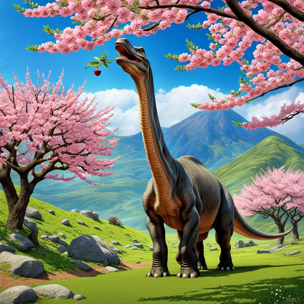 Brontosaurus Reaching for Cherry Blossoms in Prehistoric Sce...