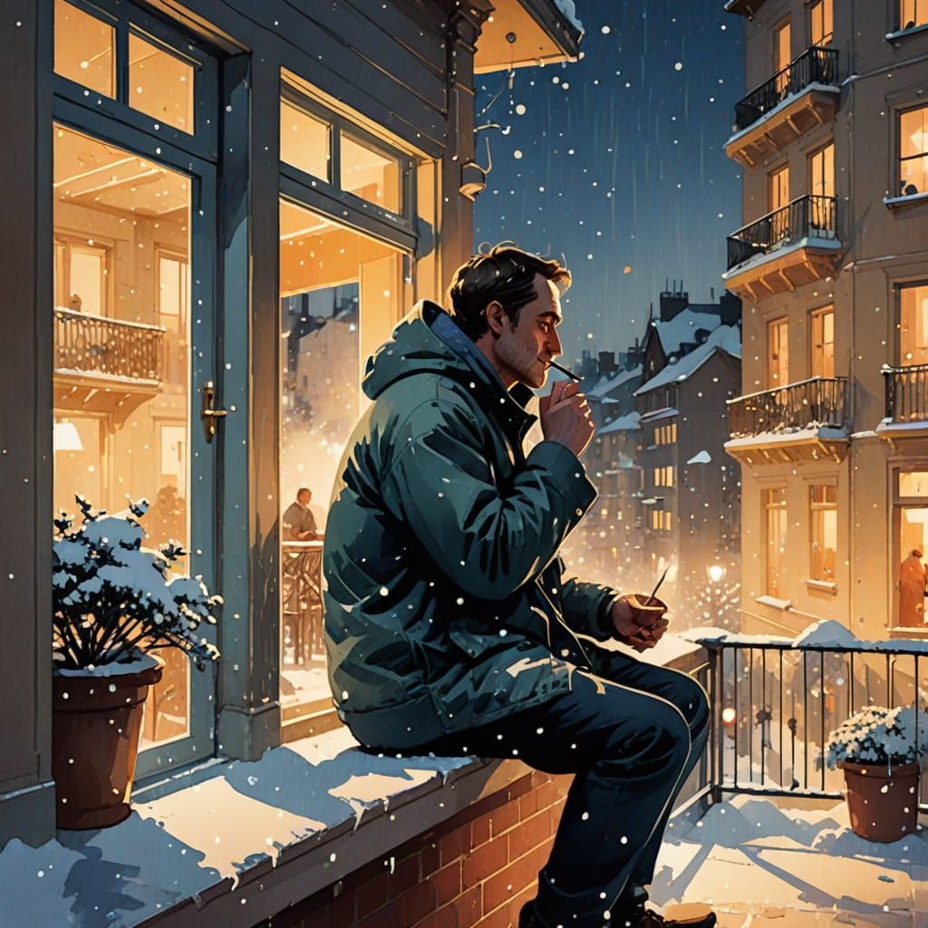 Pascal campion inspired; snowy night at a big city; a man sitting in his balcony and smoking a cigarette; watches people...