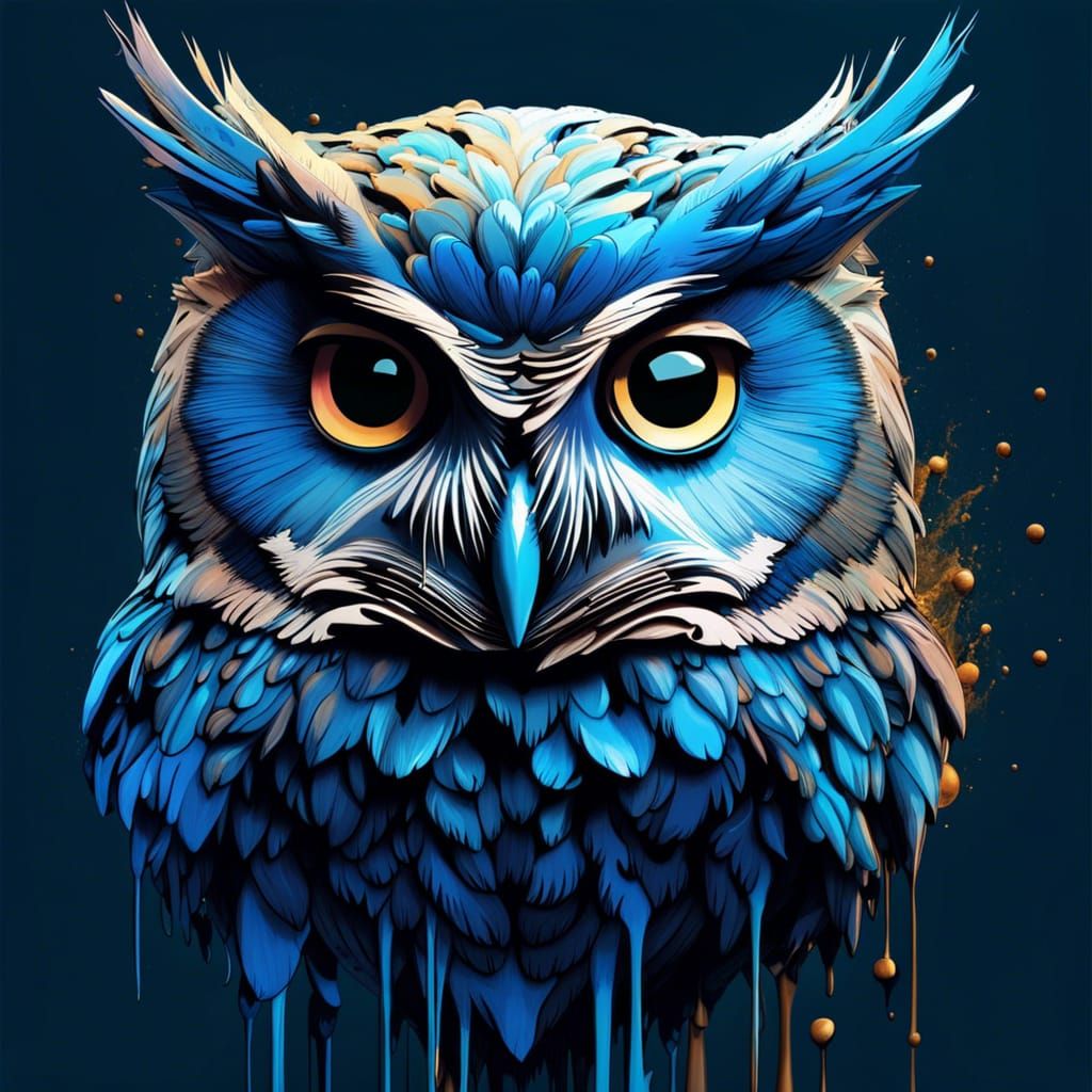 Ombre Blue Chibi Owl Portrait in Inkblot Art