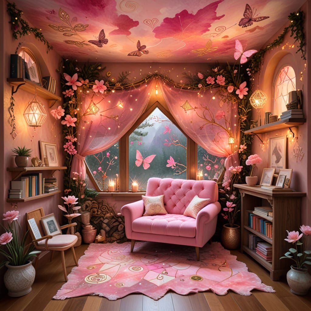 Pink Cozy Reading Nook with Abstract Flowers