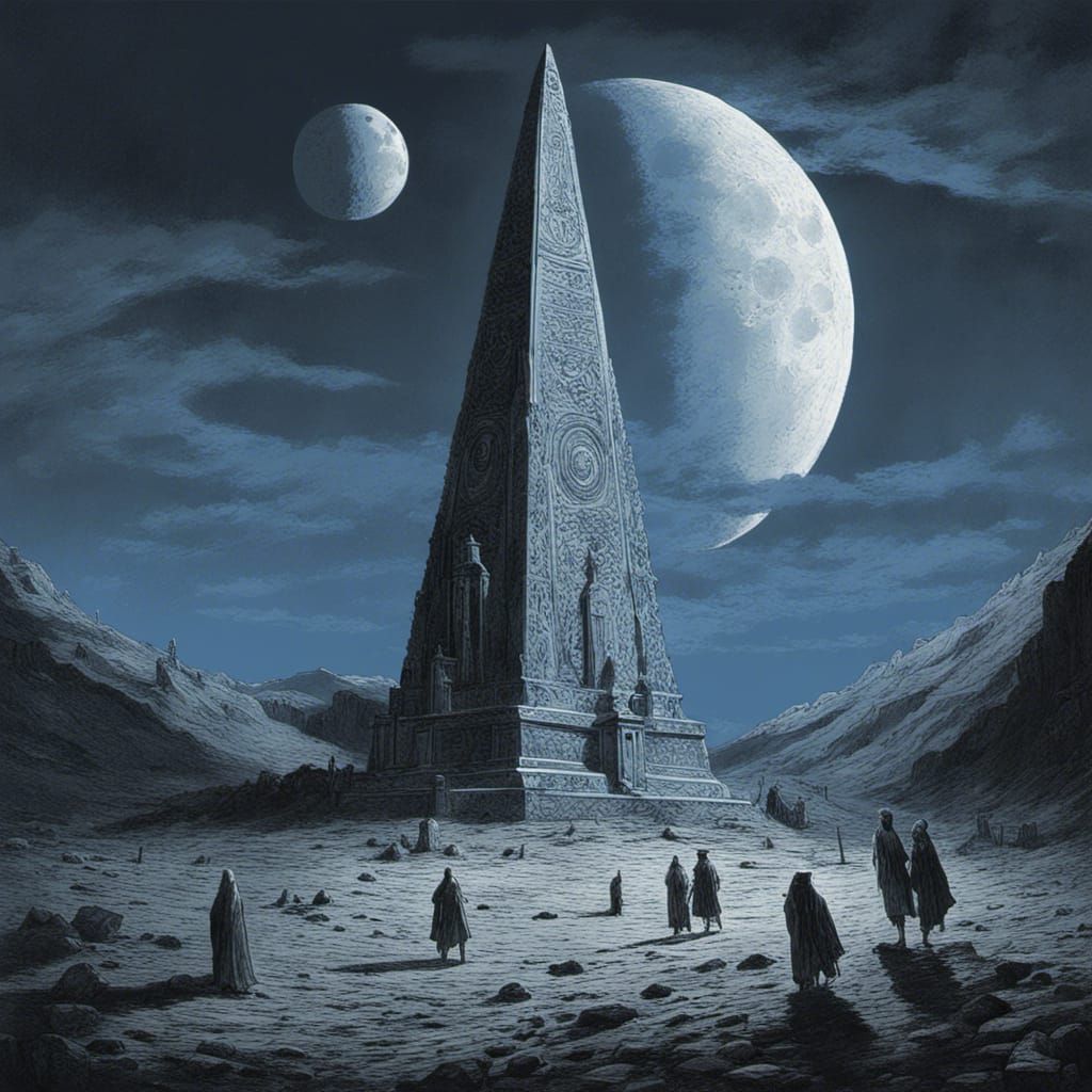 Obelisk on the Moon in Eerie Blue Light