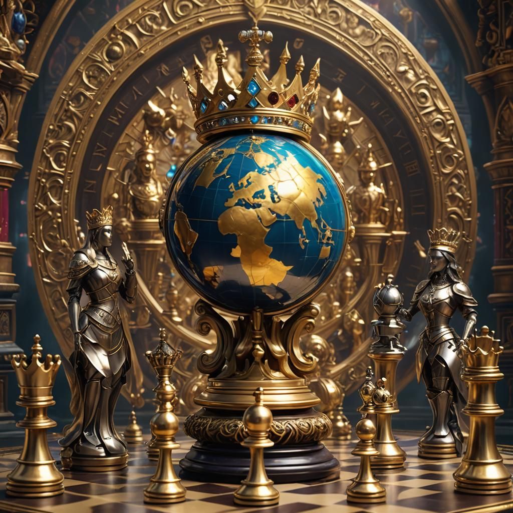 Iridescent World Globe with Gold Chess Pieces