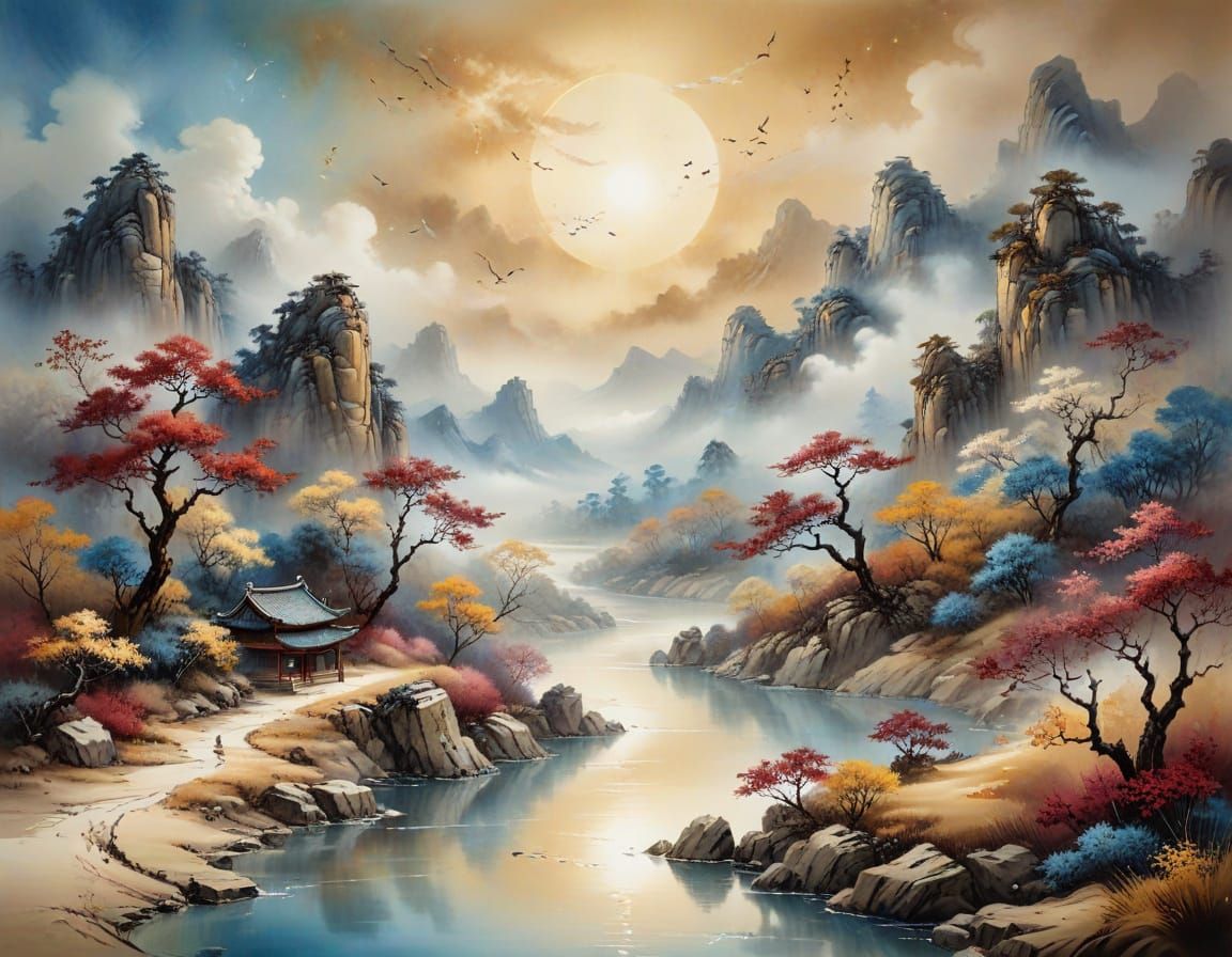 Serene Chinese Landscape with Bordeaux Tones