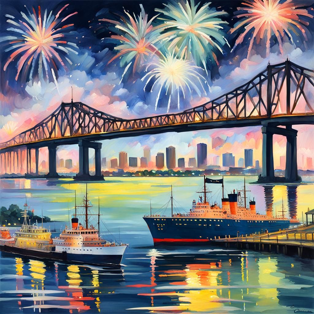 Cantilever Bridge at Night in Gouache Style