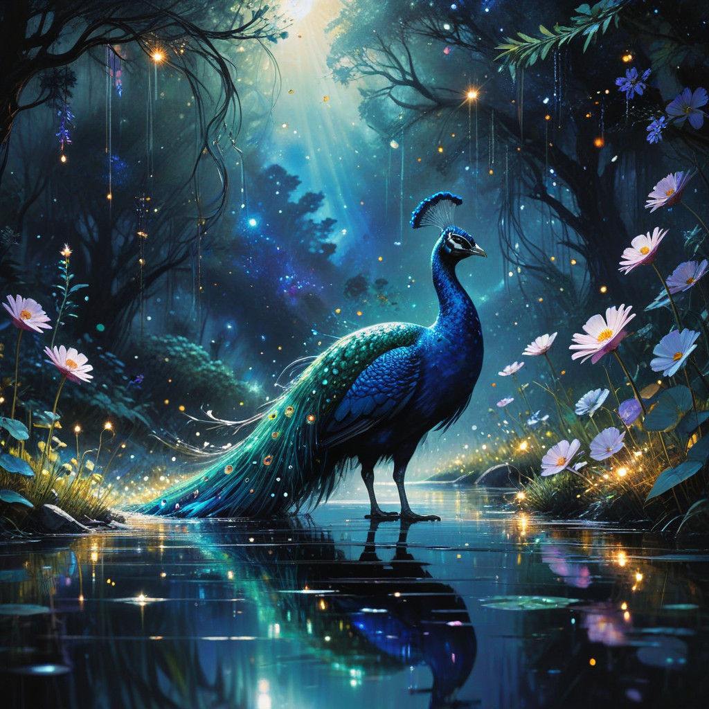 Majestic Dark Fantasy Peacock in Vibrant Cosmic Dreamscape