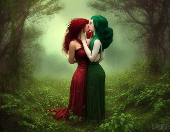 Two Women Kissing in Style of Tom Bagshaw