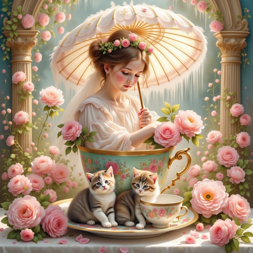 Girl in Coffee Cup with Kittens, Art Nouveau Style