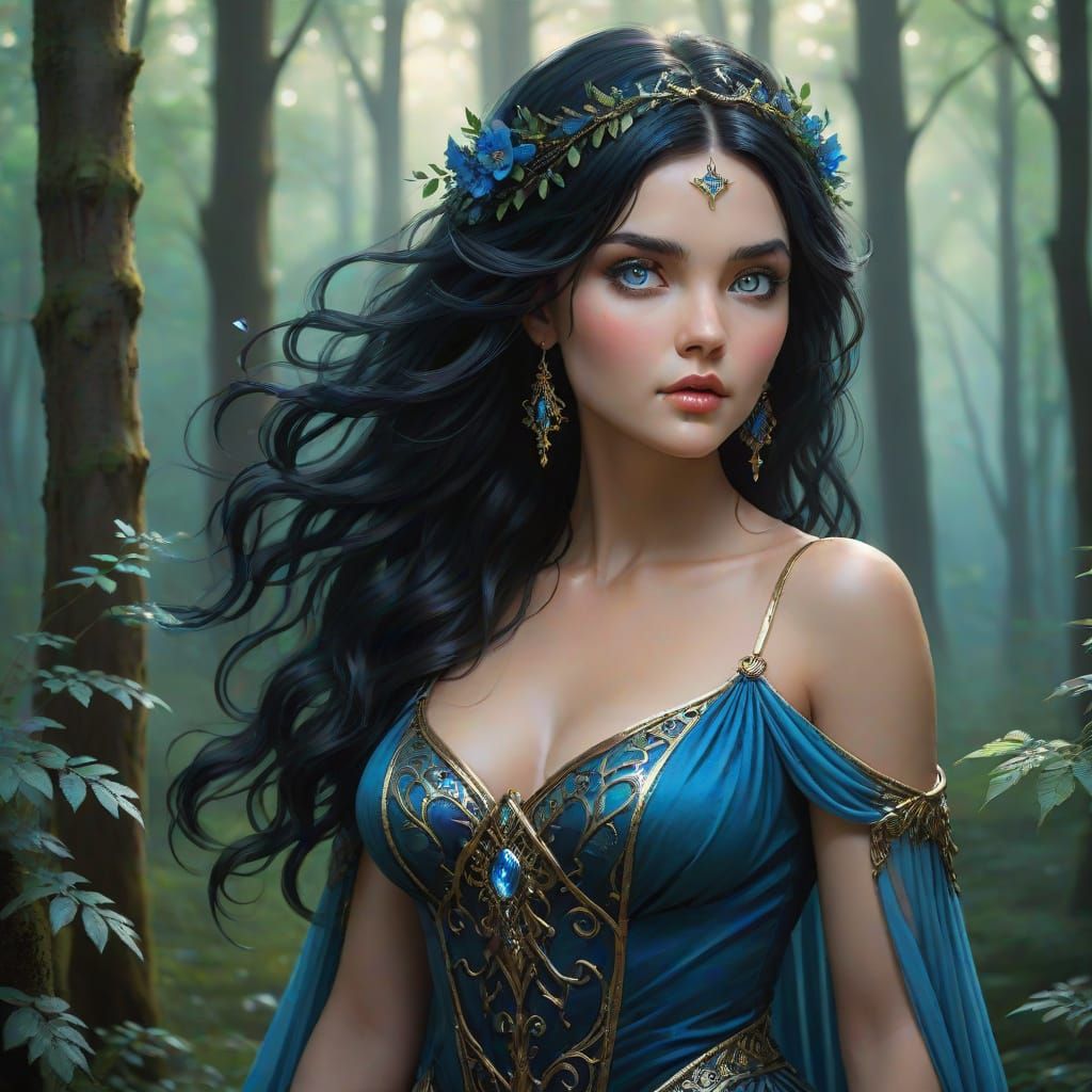 Enchanting Woman in Twilight Forest Clearing