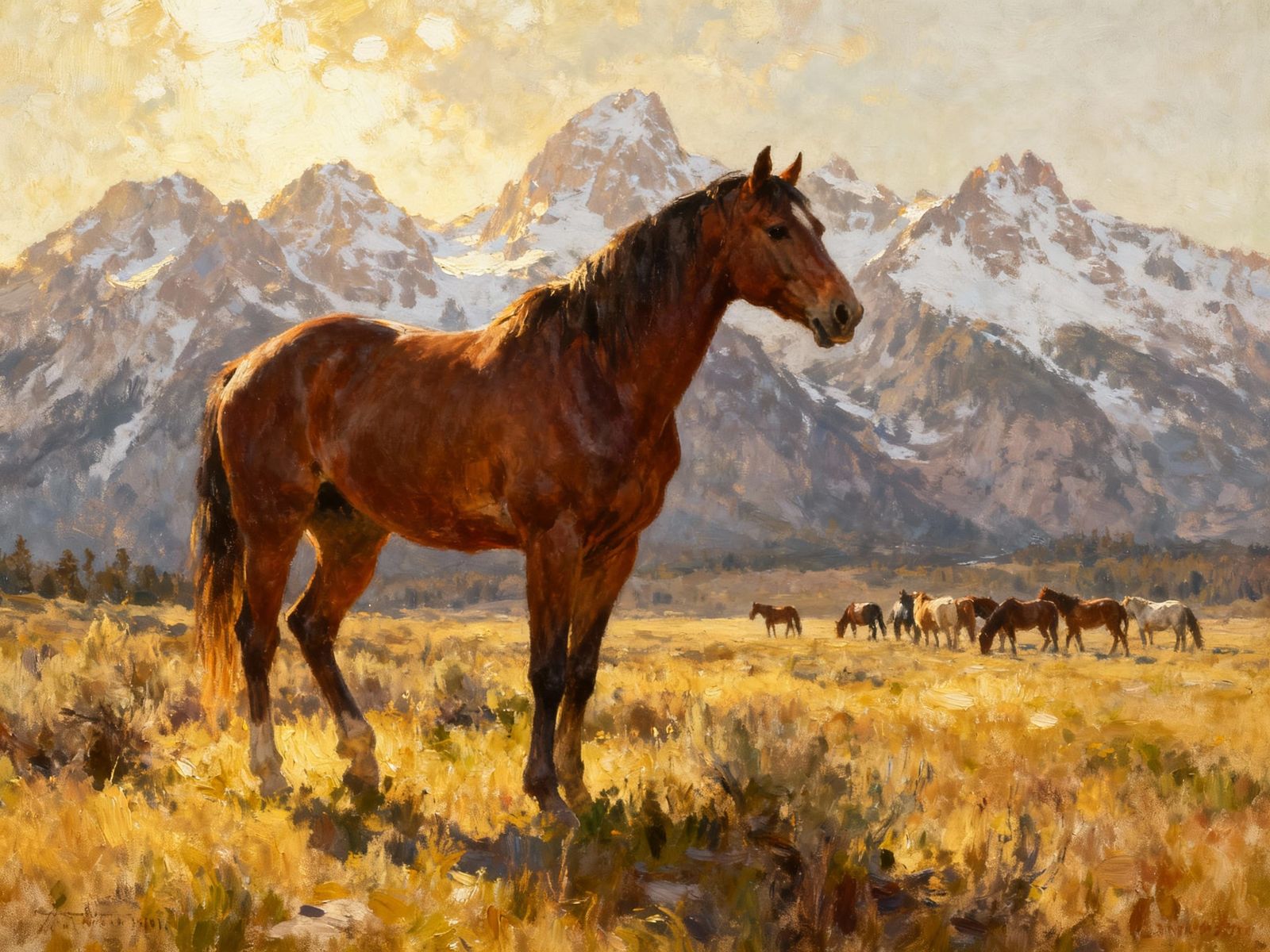 Majestic Mustang in Mountain Meadow Oil Painting