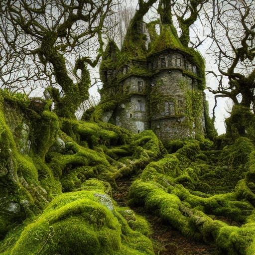 Moss-Covered Medieval Castle in Watercolor Style