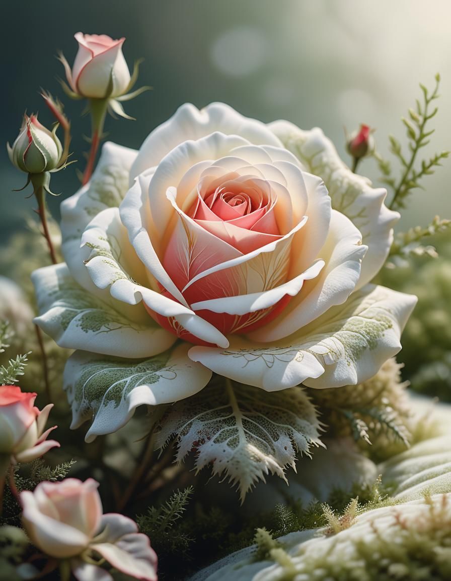 Dreamlike Pastel Rose Unfurling from Luminous Moss