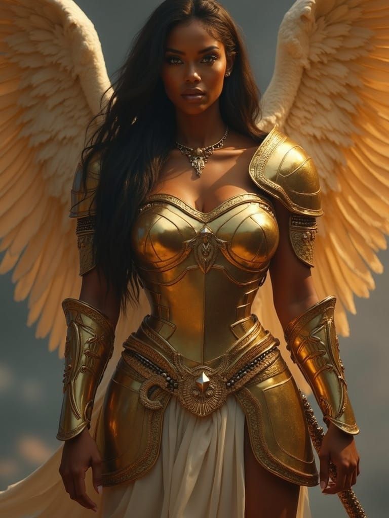 Ethereal Warrior Angel in Futuristic Egyptian Gold Armor