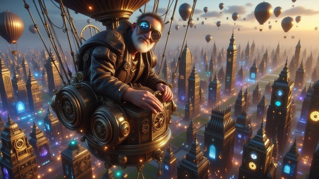 Steampunk Pilot Soaring Over Future Cityscape