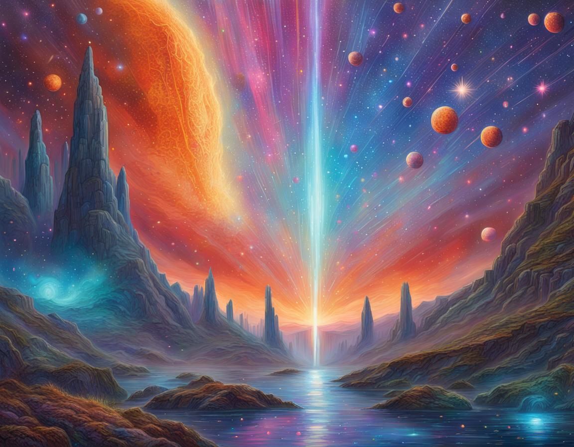 Cosmic Meteor Shower Illustration in Mixed Media