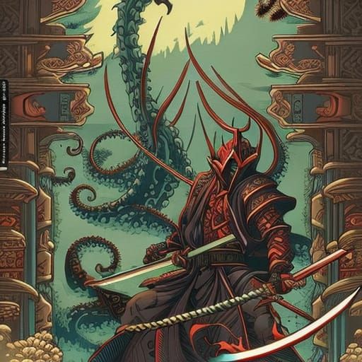 Octopus Samurai in Hokusai Style Comic Art