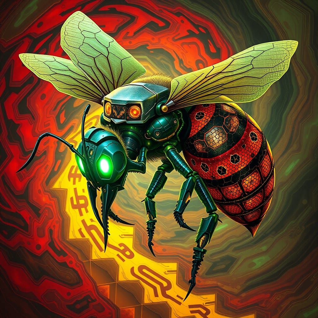 Demonic Bee in Cyberpunk Mecha Exoskeleton