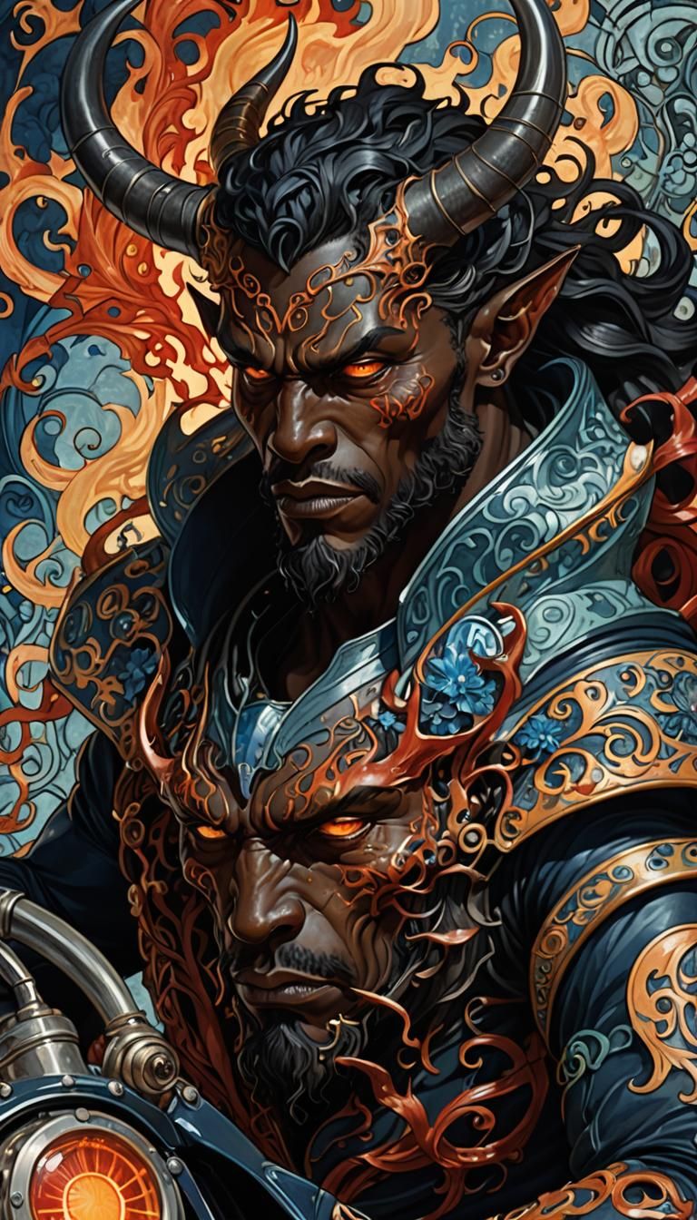 Demonic Art Nouveau Motorcycle Rider Portrait