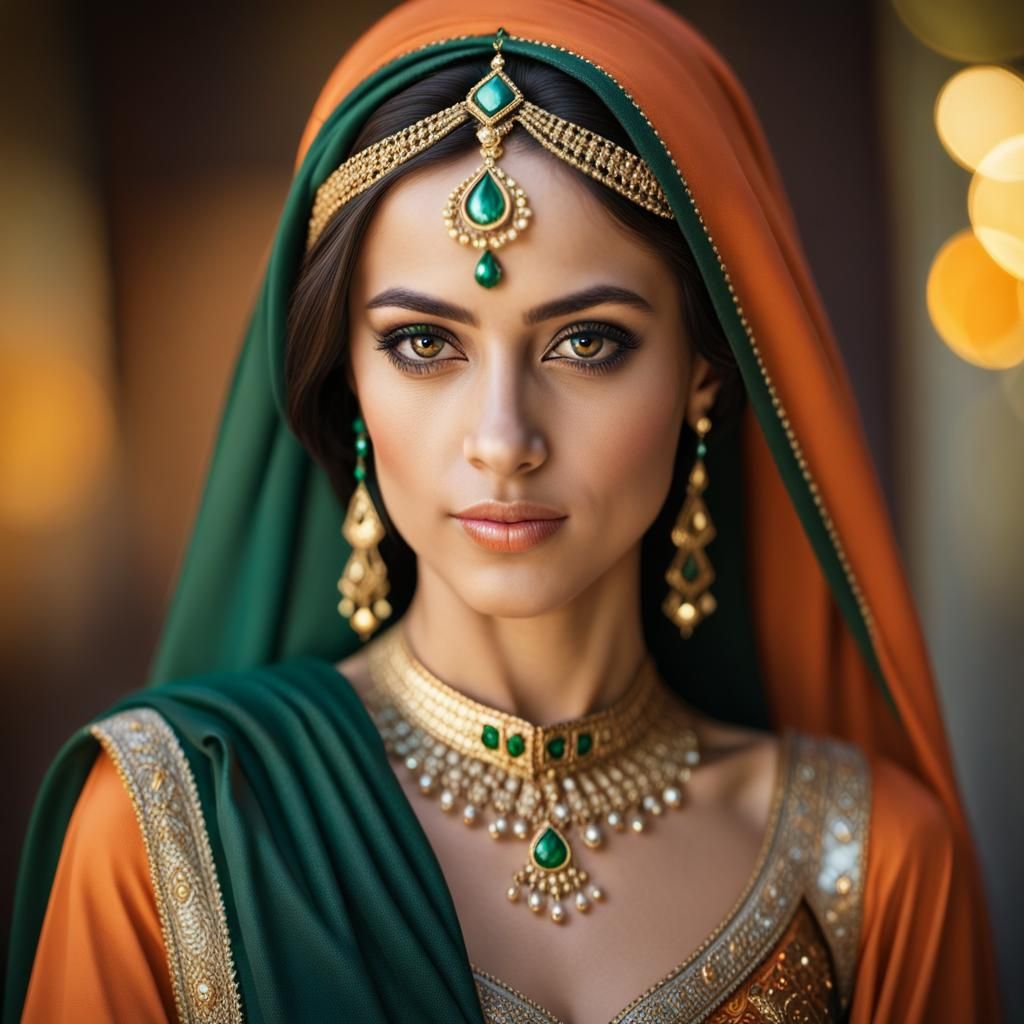 Elegant Arabian Princess Portrait in Dark Orange and Gold