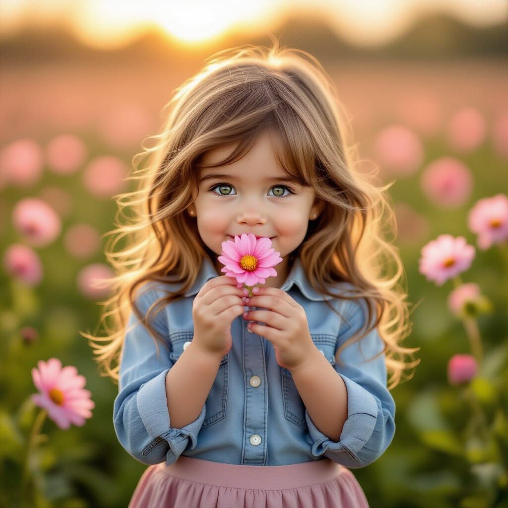 Joyful Girl Enjoys Pink Flowers in Golden Hour Light