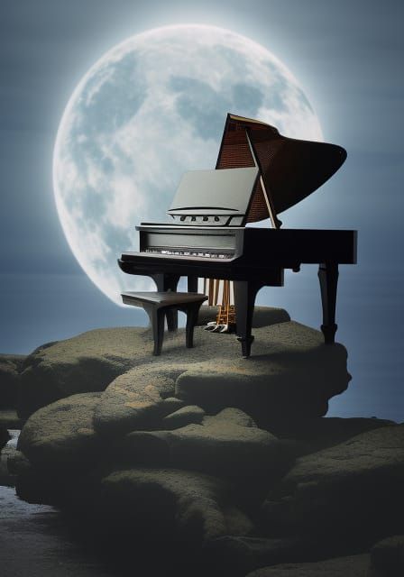 Moonlit Piano on Seaside Cliff: Professional Photography