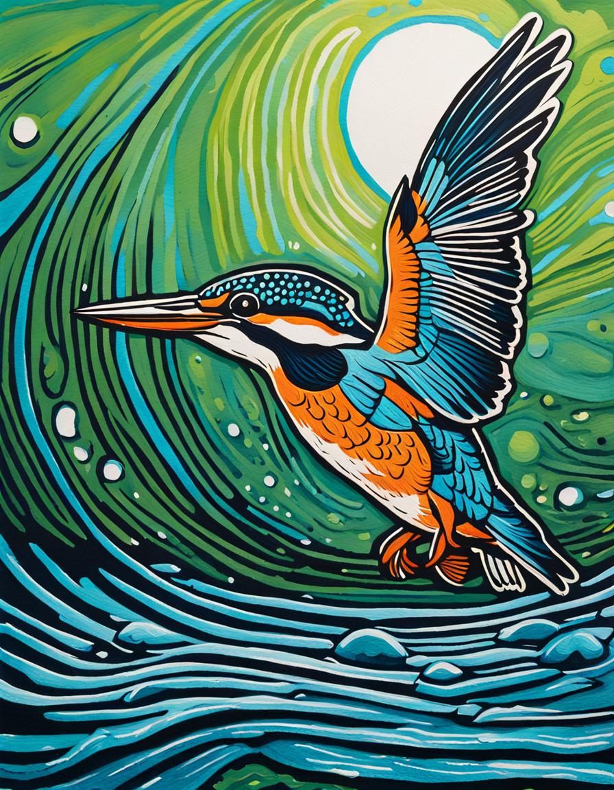 Kingfisher Catching Fish in Flight: Linocut Gouache