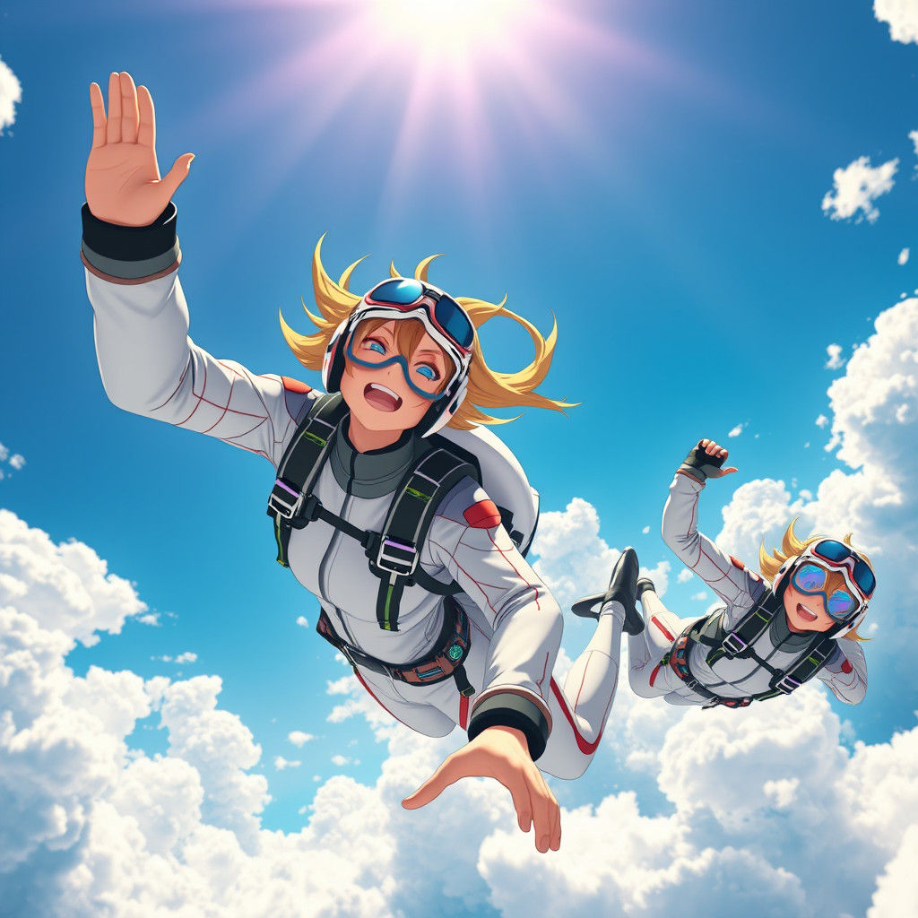 Exhilarated Girls Skydiving in Anime Style