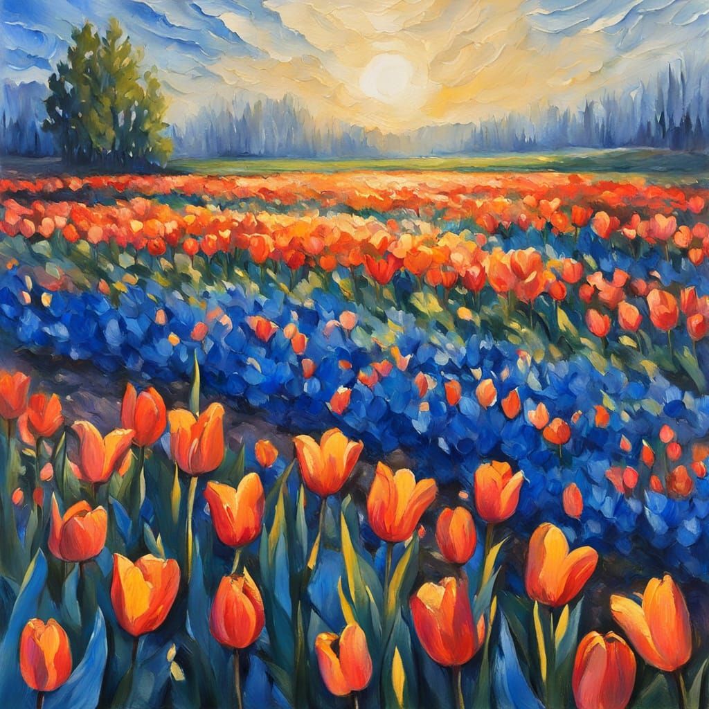 Tulip Valley in Metallic Blue Haze as Impasto Painting