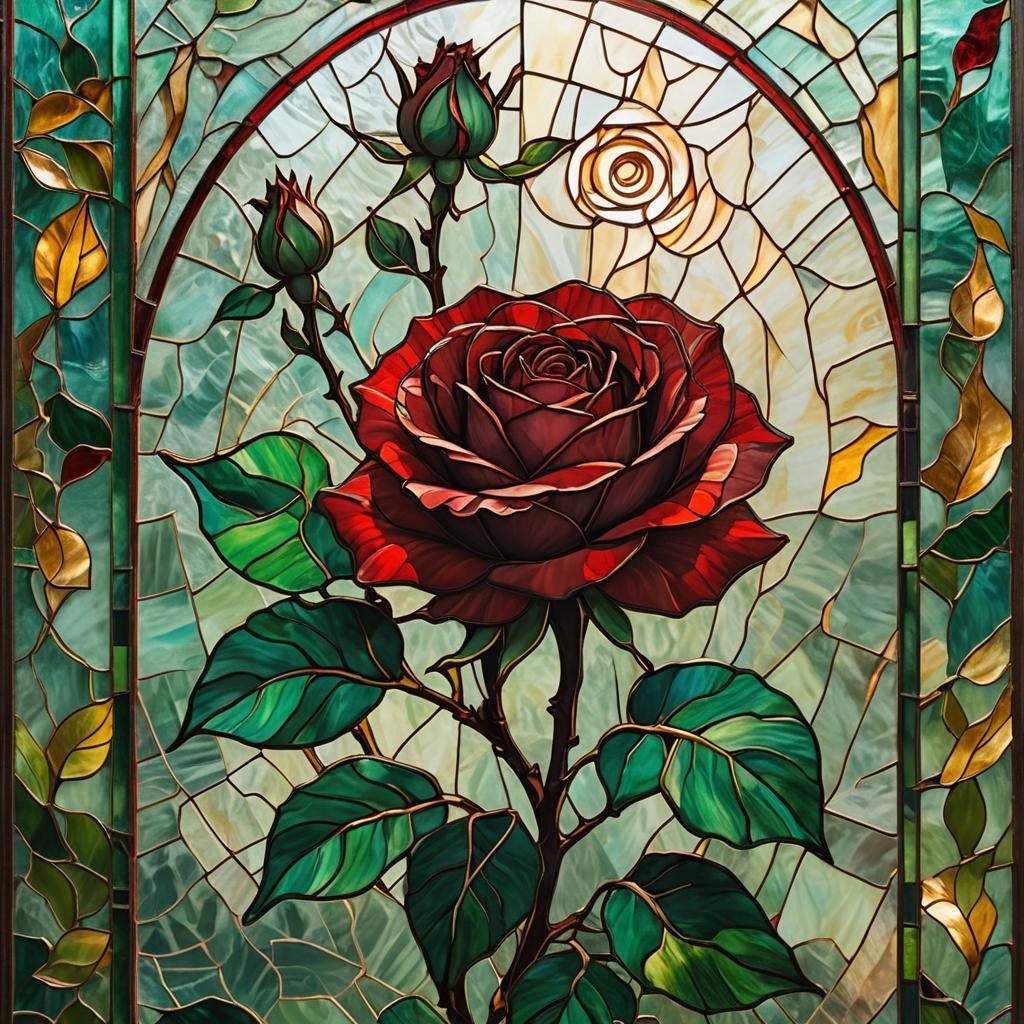 Vibrant Red Rose in Stained Glass, Impasto Style
