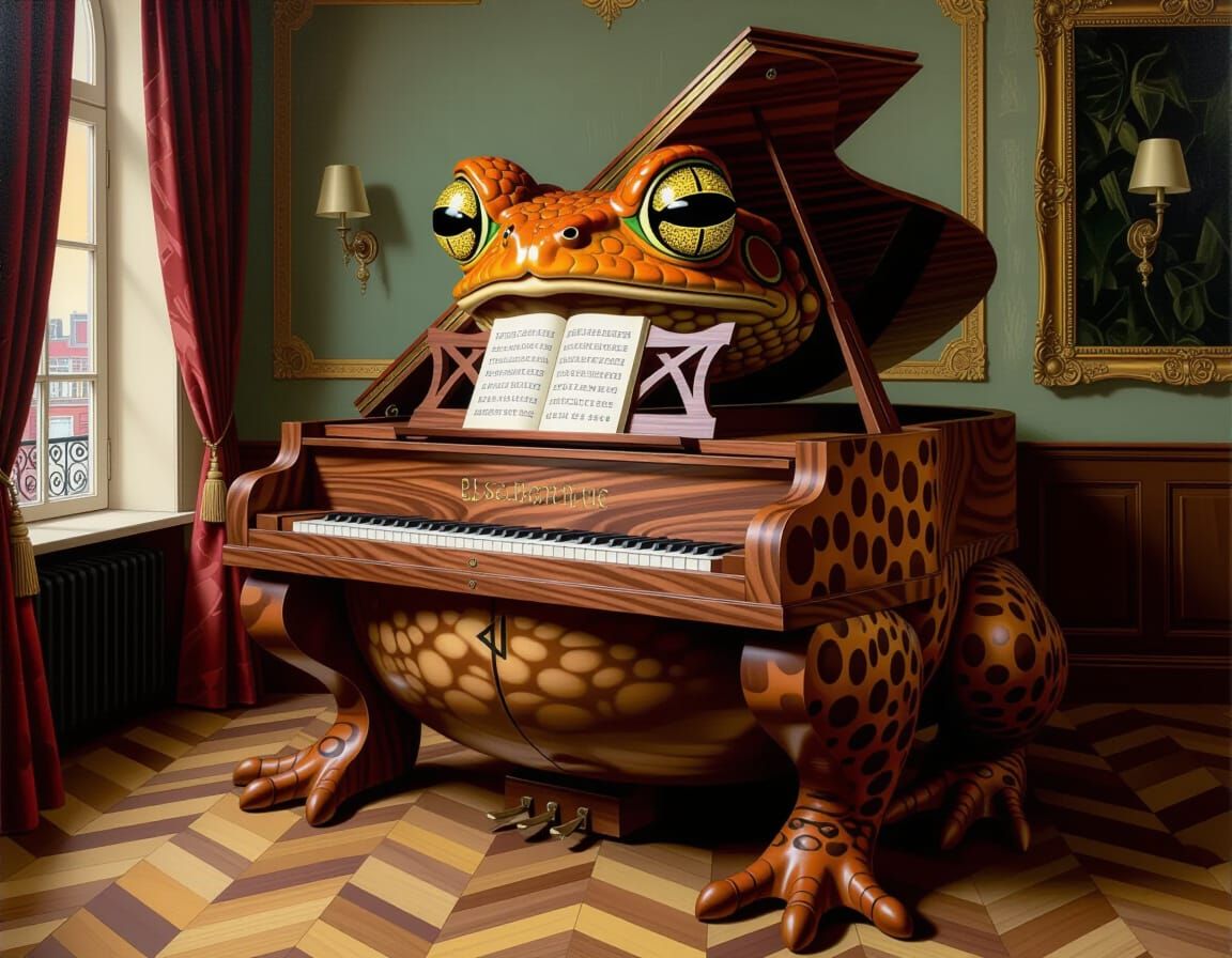 Surreal Toad Harpsichord in Art Deco Style