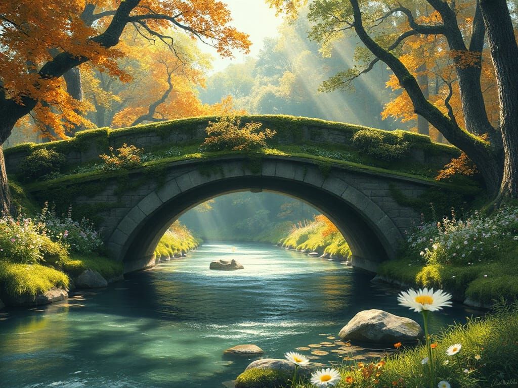 Ancient Mossy Bridge in Autumn Forest