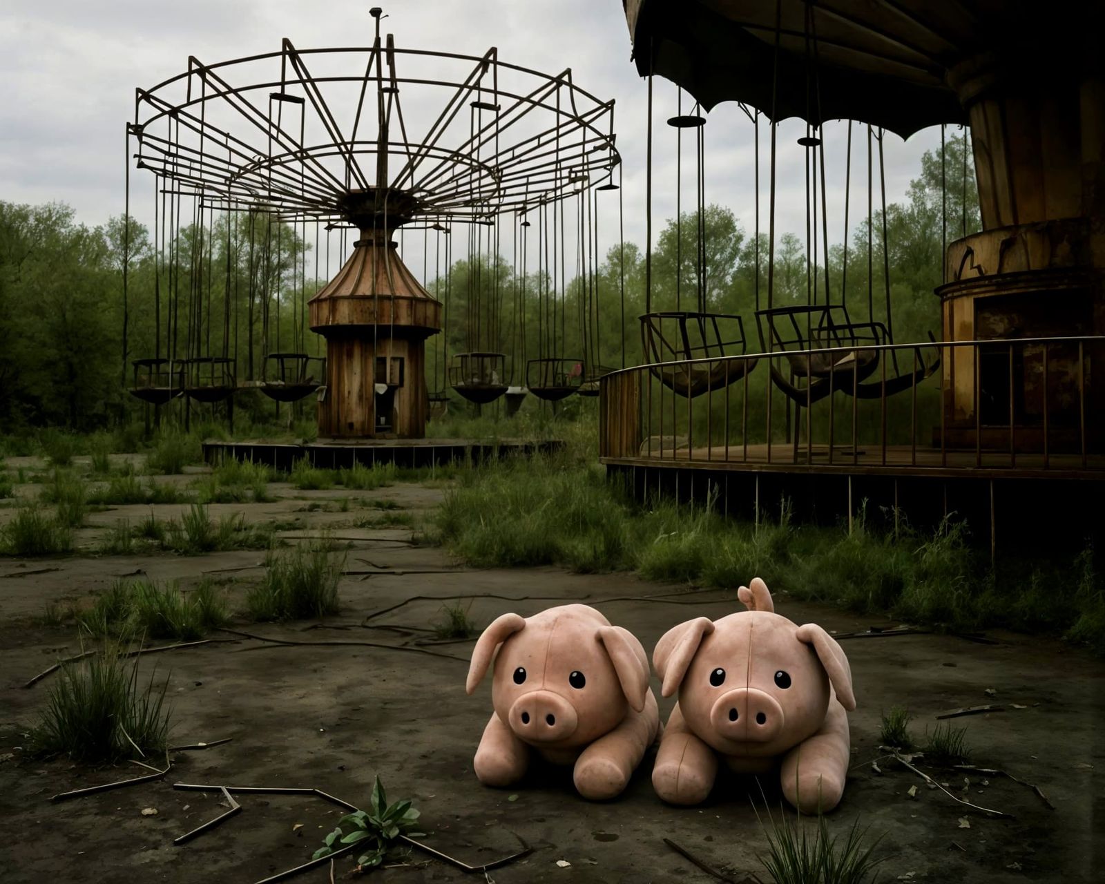 Abandoned Fairground Overgrown With Nature, Sad Pig Plushie