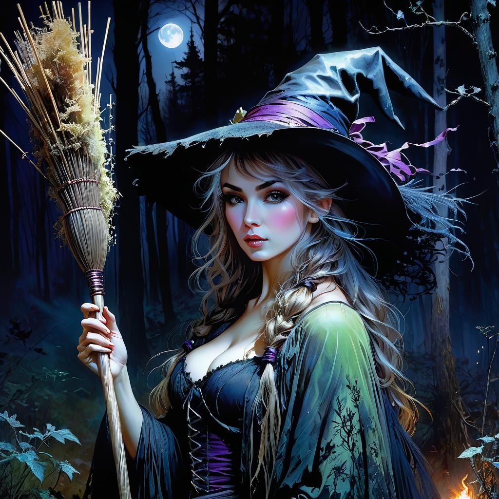 Enchanting Witch with Burning Broom in Anime Style
