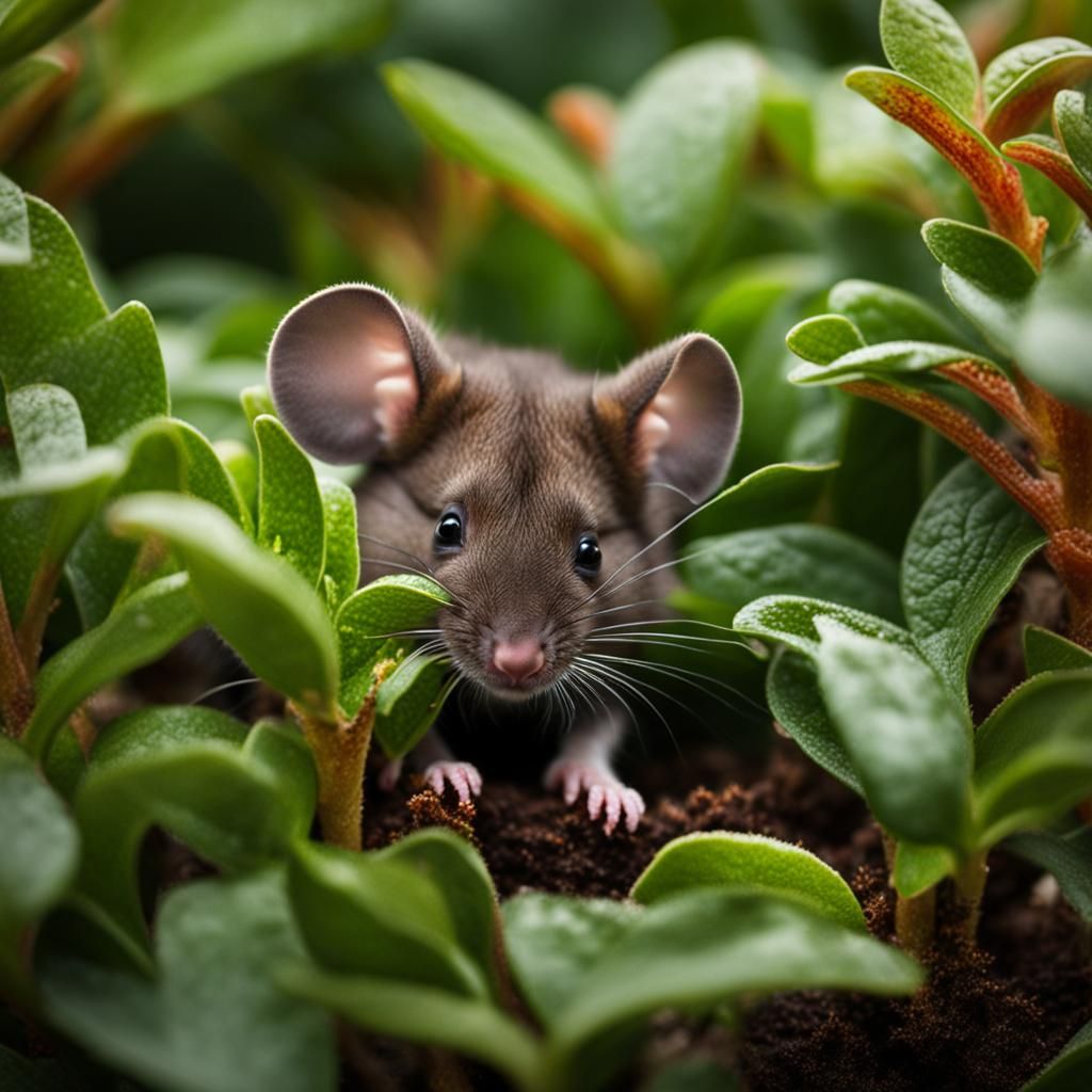 Tiny Mouse Hiding Among Green Leaves