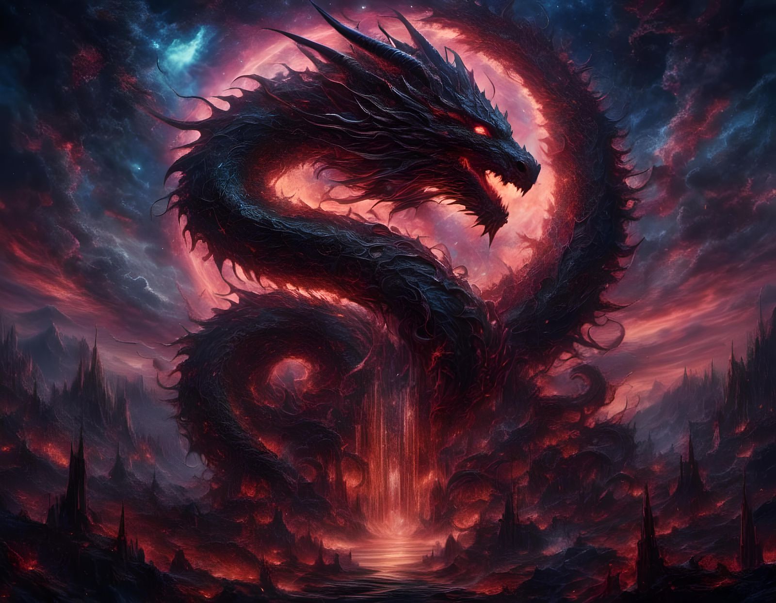 Cyberpunk Dragon Soars Above Alien Ruins