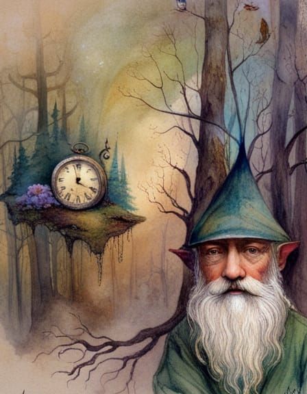 Gnome with Antique Clock in Forest, Magical Realism