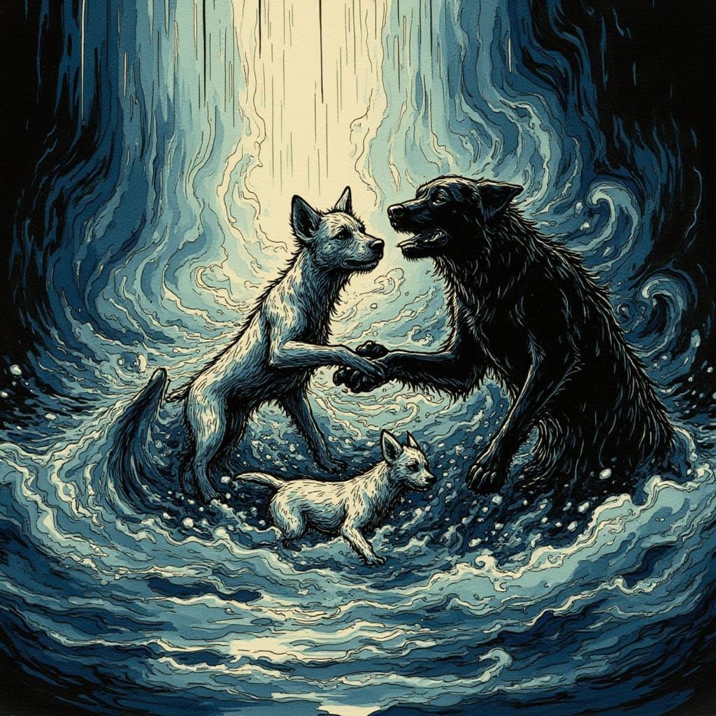 Caser Petting Ghost Puppies in Grimepunk Horror Anime Style