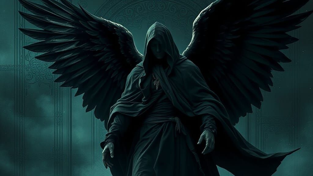 Solemn Angel Guides Souls in Dark Academia Fantasy