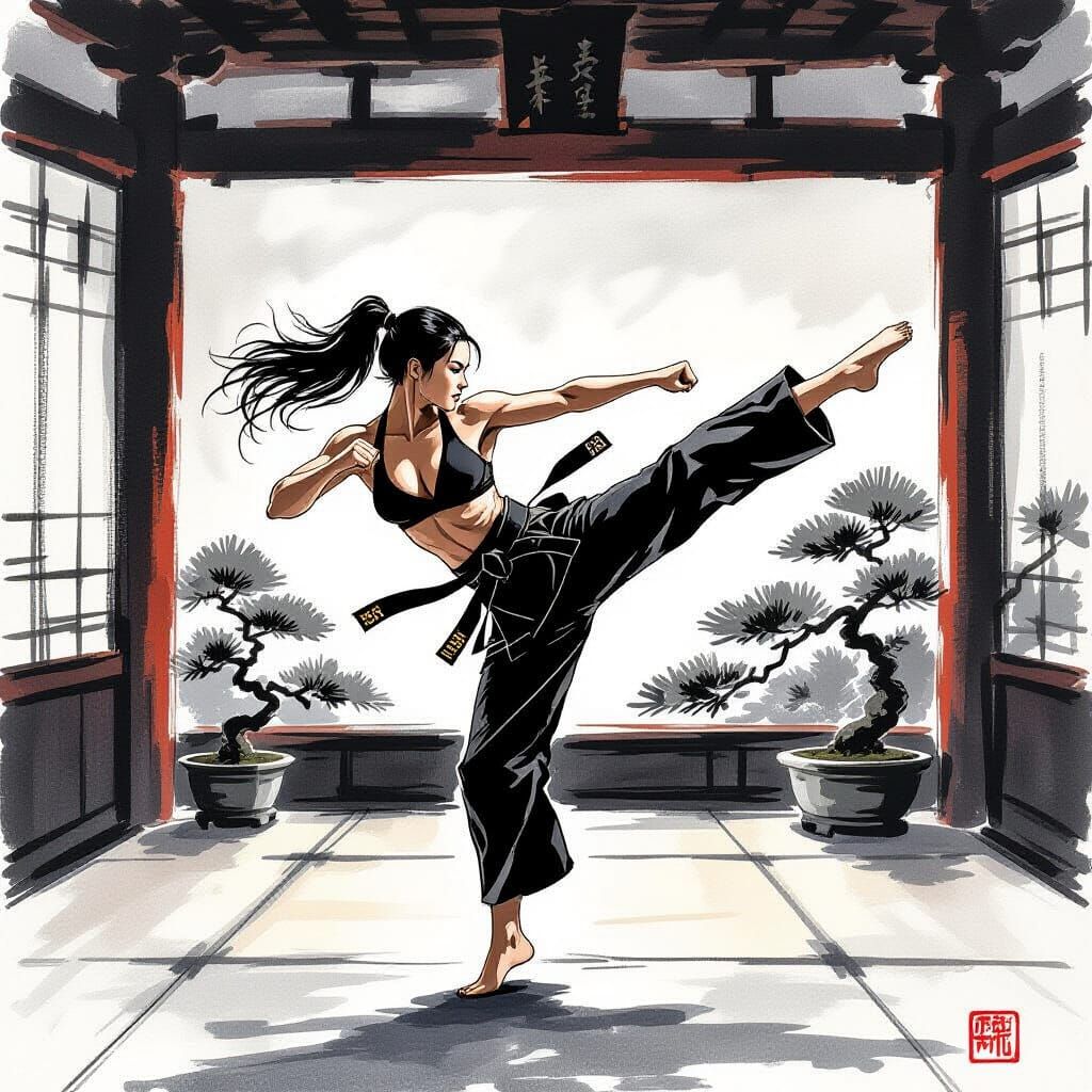Woman's Dynamic Kick in Minimalist Dojo Charcoal Sketch