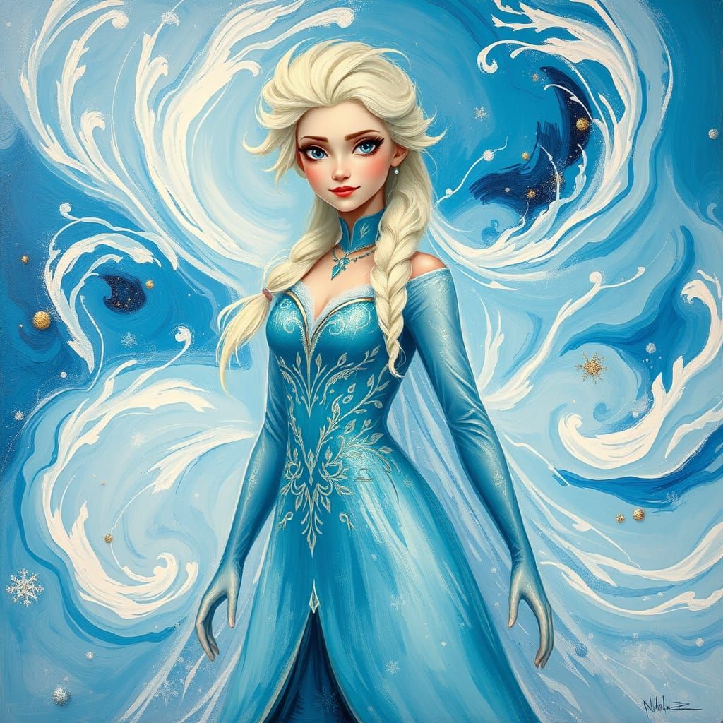 Ethereal Snow Queen in Vibrant Abstract Oil Painting