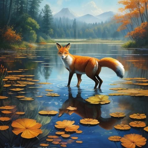 Fox and Baby in Autumnal Watercolor Painting