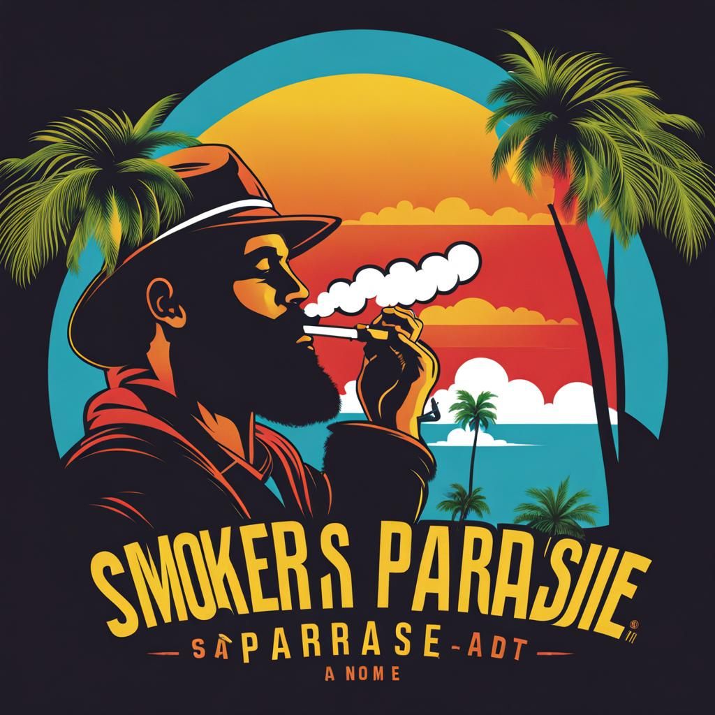 Vape Shop Logo: Man, Palm Tree, Smokers Paradise