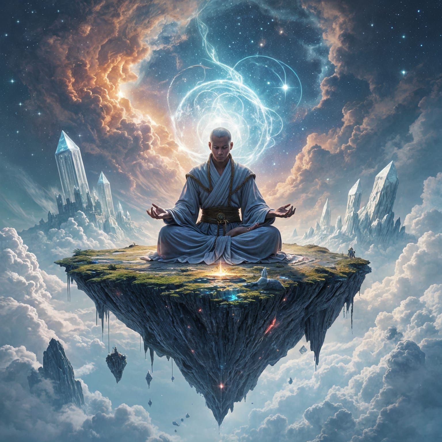 Celestial Monk Meditating on Floating Island in Cosmic Nebul...