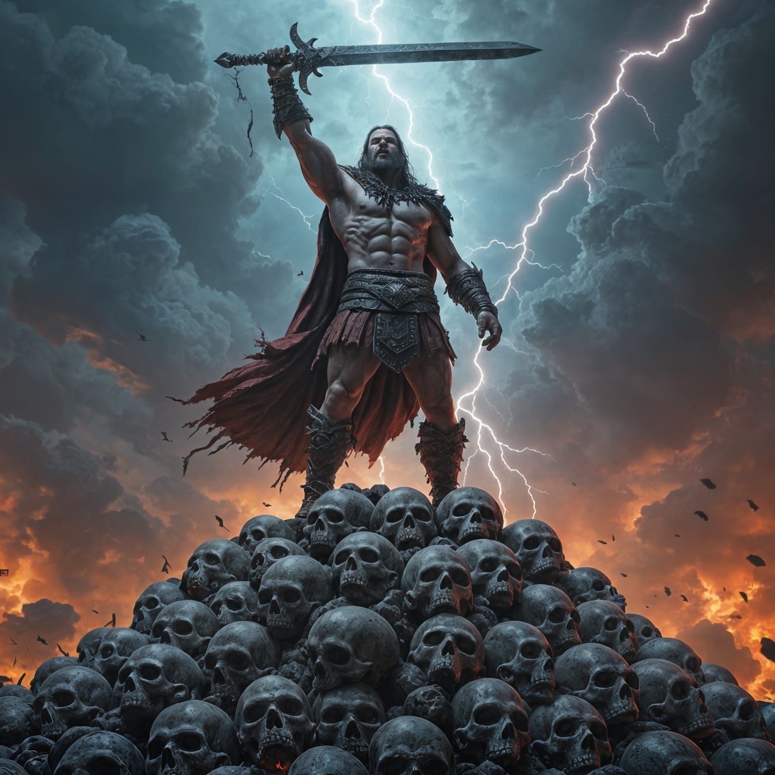 Barbarian Warrior Triumphs Amidst a Mountain of Skulls in Da...