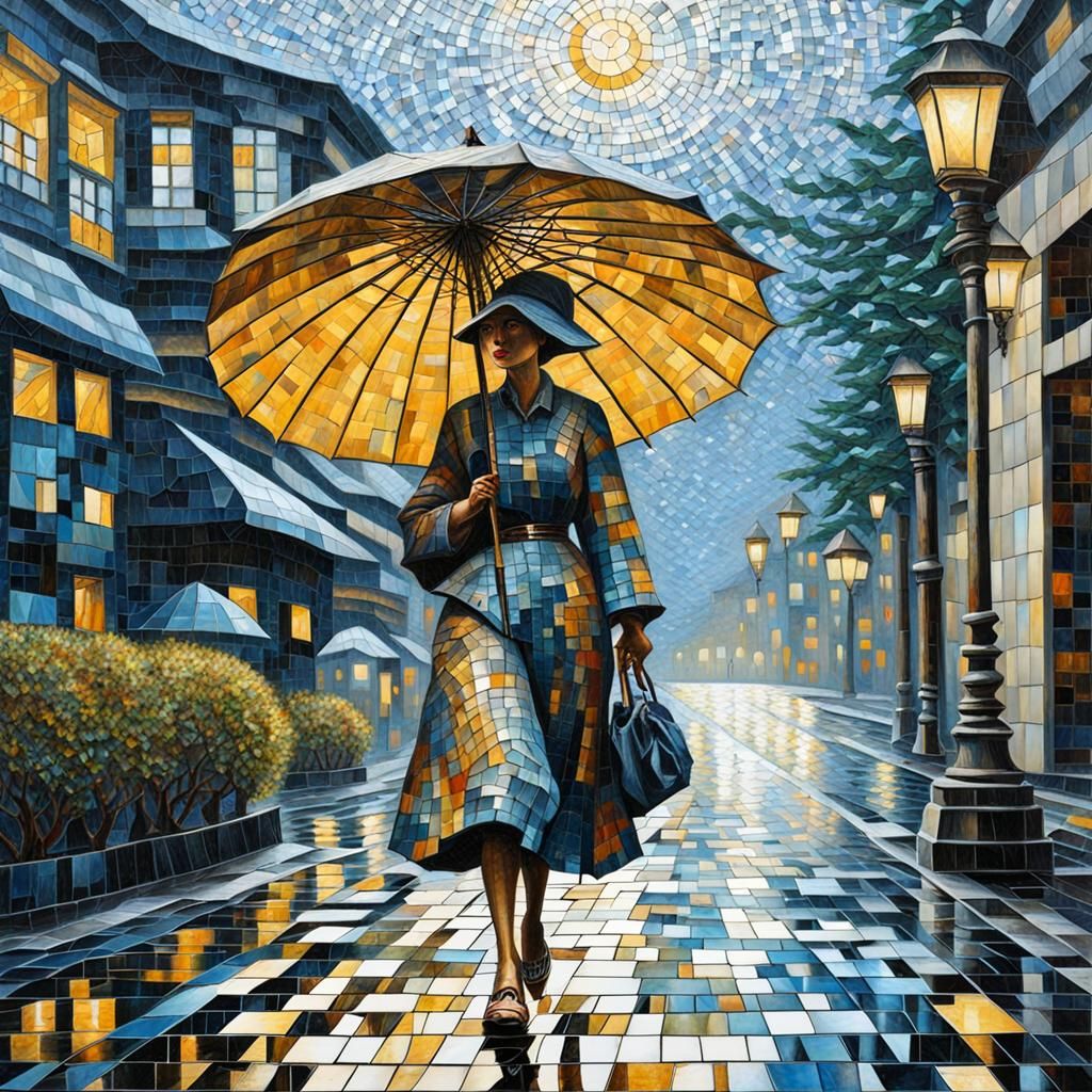 Mosaic: Raining day, Woman with umbrella